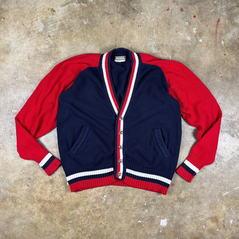 Vtg 70s‎ Twickers by Kenneth Gordon Men's Cardigan Varsity Navy Red Knit M/L